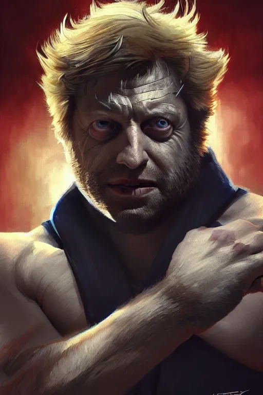 Image similar to Boris Johnson as Wolverine, portrait, X man costume, highly detailed, digital painting, artstation, concept art, smooth, sharp focus, illustration, cinematic lighting, art by artgerm and greg rutkowski and alphonse mucha