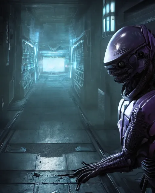 Image similar to Sci-Fi Lizard alien, armored, art by Kashin, Wadim, Martinière, Stephan, holding rifle, sharp focus, pitch black Spaceship hallway background, heroic pose, sci-fi horror artwork, octane render, dead space artwork, cyberpunk, horror, soft purple glow, warm light, arnold render, volumetric lighting, 8k high definition, highly detailed, trending on art Station, by Greg Rutkovski, magic the gathering artwork, centered, horror, sci-fi artwork