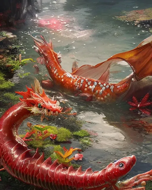 Image similar to game character beautiful pond dragon half fish half salamander, wet amphibious skin, red salamander, axolotl creature, koi pond, korean village by Ruan Jia and Gil Elvgren, fullbody