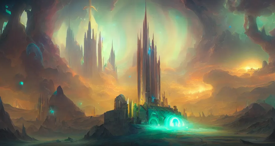 Image similar to church on Jupiter by peter mohrbacher, vivid colors, matte painting, 8K, concept art, mystical color scheme, trending on artstation