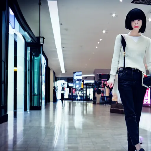 Prompt: a closeup portrait of woman walking in mall alone in style of 1990s, street photography seinen manga fashion edition, focus on face, eye contact, tilt shift style scene background, soft lighting, Kodak Portra 400, cinematic style, fish-eye camera, telephoto