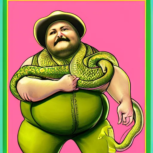 Image similar to hyperreal morbidly obese 2000kilo snake oil salesman wearing authentic purple green sip tech cowboy augmentation and curly snake moustache, fat man standing in front of blank background