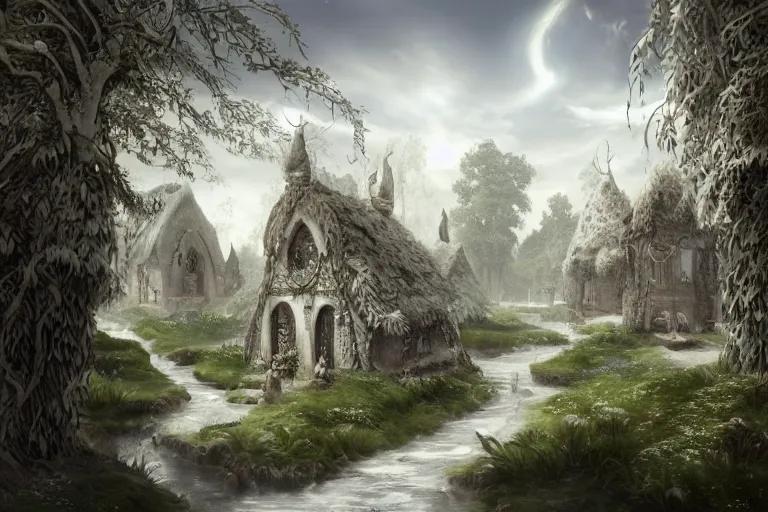 Prompt: A small elven village with elegant white architecture in an open field, a winding white pathwalk and a small brook running through, clear blue skies in the background, high fantasy, medieval, octane rendering, mind-blowing detail, trending on artstation, trending on deviant art, intricate, elegant, digital painting, saturated colors, smooth, sharp focus, art by artgerm and Todd Shorr