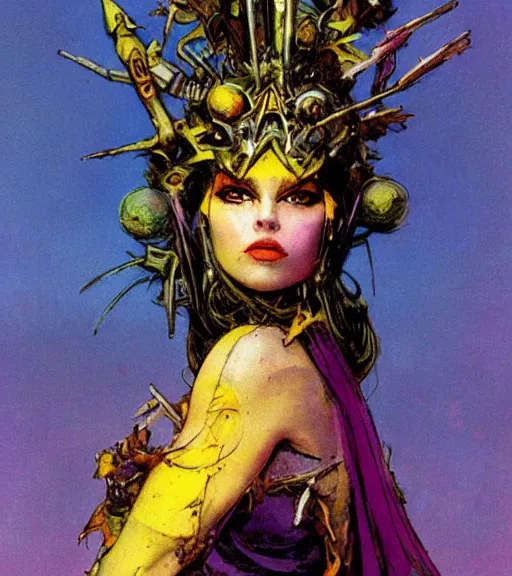 Prompt: princess of the wasteland, scrap metal headdress, strong line, vivid neon color, yellow purple, beautiful! coherent! by brian froud, by frank frazetta, low angle