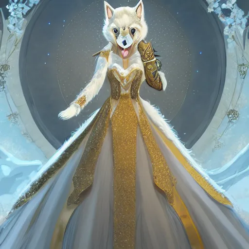 Image similar to commissioned full body portrait of a female anthro furry wolf headed princess fursona with white hair wearing a white and gold armored dress in a white and gold palace, by Wlop and jerry park, artstation, extremely detailed