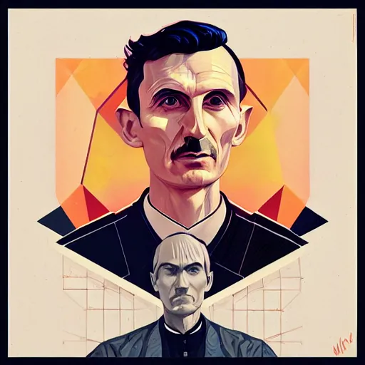 Image similar to visionary inventor nikola tesla profile picture by sachin teng and artgerm, art style by midjourney, masterpiece, organic painting, matte painting, technical geometrical drawing shapes, lightning electricity coil, hard edges, graffiti, street art by sachin teng