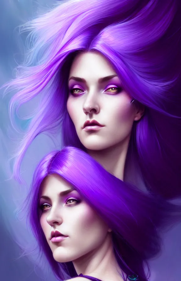 Image similar to Purple hair relistic macro Portrait of a woman with bright colored flying hair, all shades of purple. Beauty face, Hair coloring, fantasy, intricate, elegant, highly detailed, digital painting, artstation, concept art, smooth, sharp focus, illustration, art by artgerm and greg rutkowski and alphonse mucha