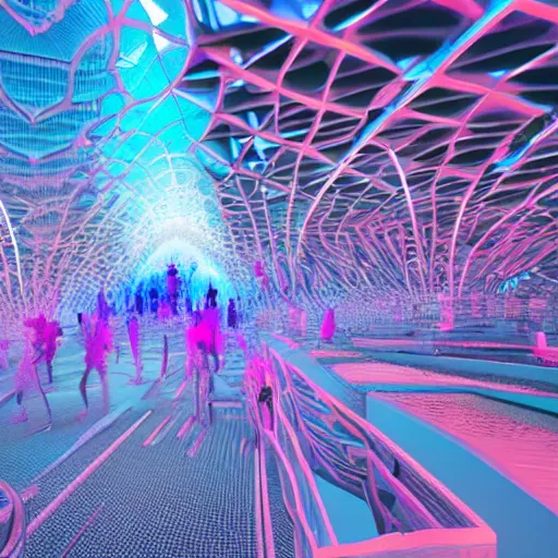 Image similar to ethereal realm, parametric flow, fractals, central shot, geometrical explosion, parametric architecture, artistic, models walking, people, crowd, red, blue, light neon, vray, octane render.