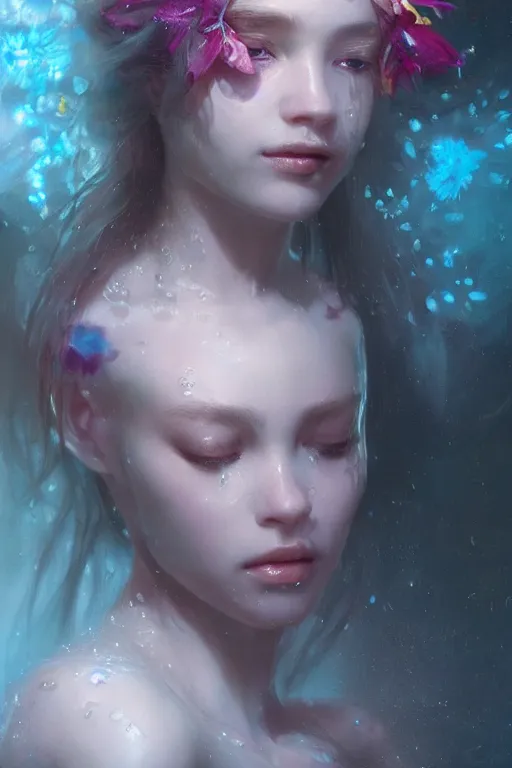 Image similar to face closeup a young beautiful girl drowned in water covered with ice crystals, 3 d render, hyper realistic detailed portrait, holding magic flowers, ruan jia, wlop. scifi, fantasy, hyper detailed, octane render, concept art, by peter mohrbacher, by wlop, by ruan jia