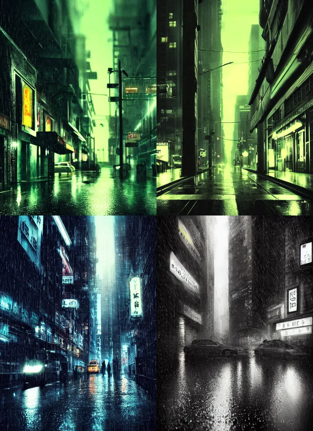 Prompt: a rainy city street at night in the style of cyberpunk noir. photography. realism. detailed. high quality.