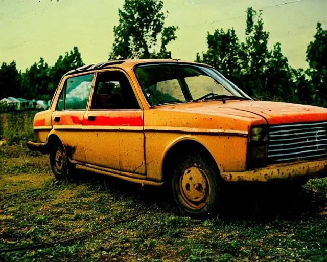 Image similar to a lomographic photo of old lada 2 1 0 7 standing in typical soviet yard in small town, hrushevka on background, cinestill, bokeh