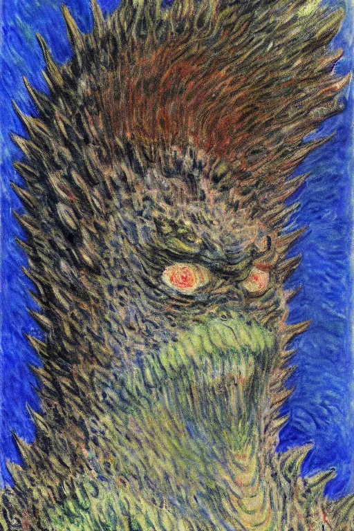 Image similar to shinzo abe face on Godzilla painting by claude monet