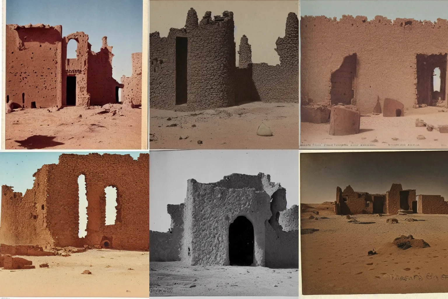 Prompt: high quality photograph of the ruins of old west african castle in the sahara desert, photochrom print, postcard, 1 8 9 0.