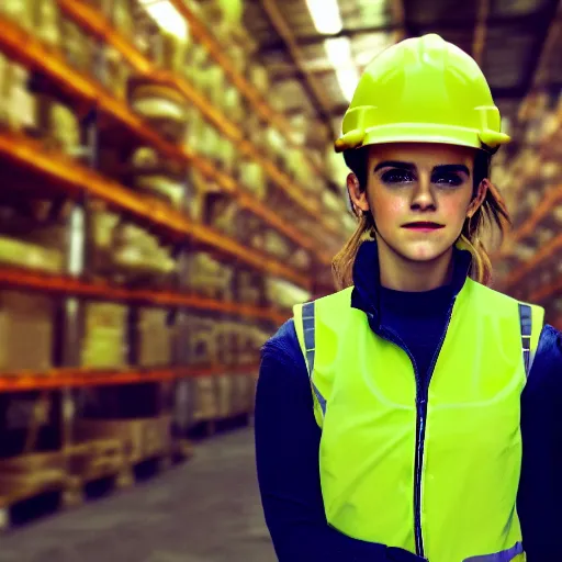 Image similar to photo, close up, emma watson in a hi vis vest, in warehouse, android cameraphone, humidity haze, 2 6 mm,