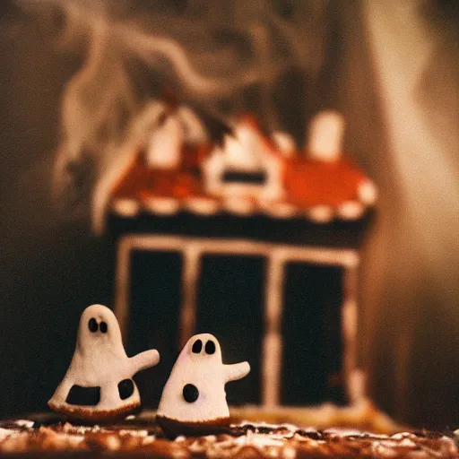 Image similar to cinematic photo of ghosts living inside of a haunted gingerbread house, spooky, fog, 3 5 mm film