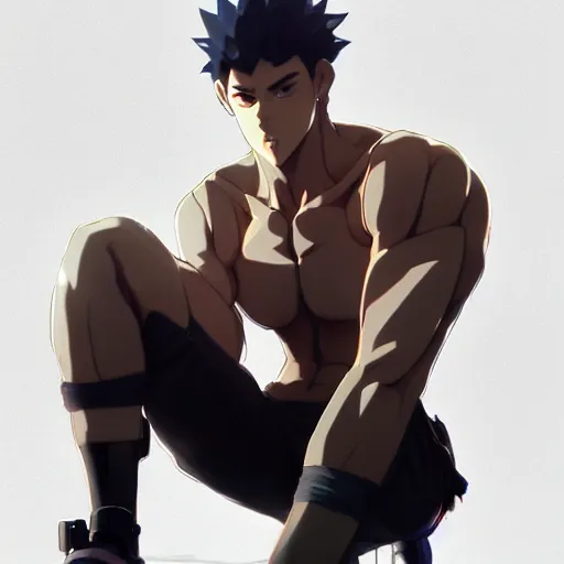 Image similar to a handsome muscular man wearing fashionable street attire, sitting down casually, square masculine facial features, short messy hair, intimidating appearance, 3 d octane render, unreal engine 5, ultra high detail, cel shaded, trending on pixiv fanbox, by greg rutkowski makoto shinkai takashi takeuchi studio ghibli, akihiko yoshida