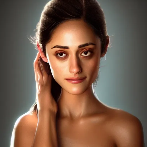 Image similar to tanned face Emmy Rossum, realistic, photo studio, HDR, 8k, trending on artstation