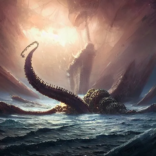 Image similar to a kraken with multiple eyes, tentacles rising from the sea, exploded ship, magic the gathering art, art by greg rutkowski, fantasy rpg, league of legends