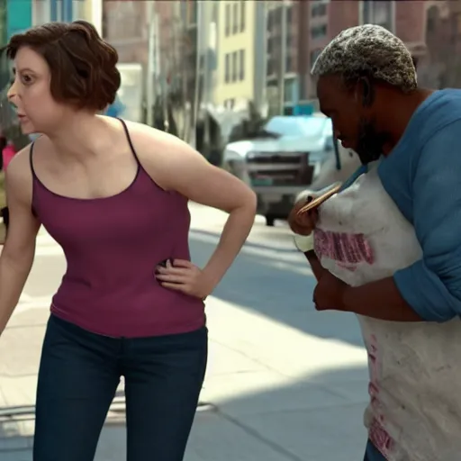 Image similar to rachel bloom helping a thug on the street who is having a medical emergency by calling an ambulance full of bitches, ultra detailed, 8 k resolution, ultrarealistic