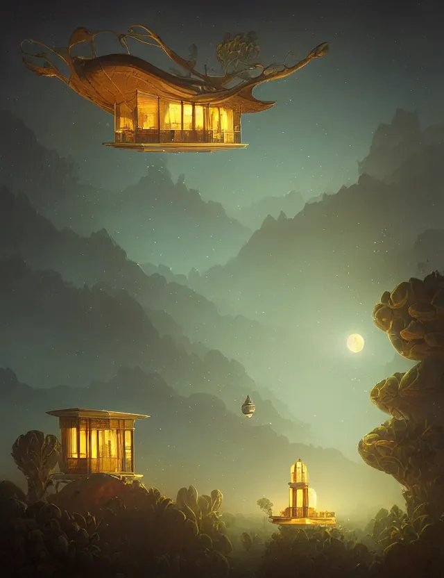 Prompt: a single building flying above a desert oasis in a moonlit night in the style of peter mohrbacher and jacek yerka, dim painterly lighting volumetric aquatics