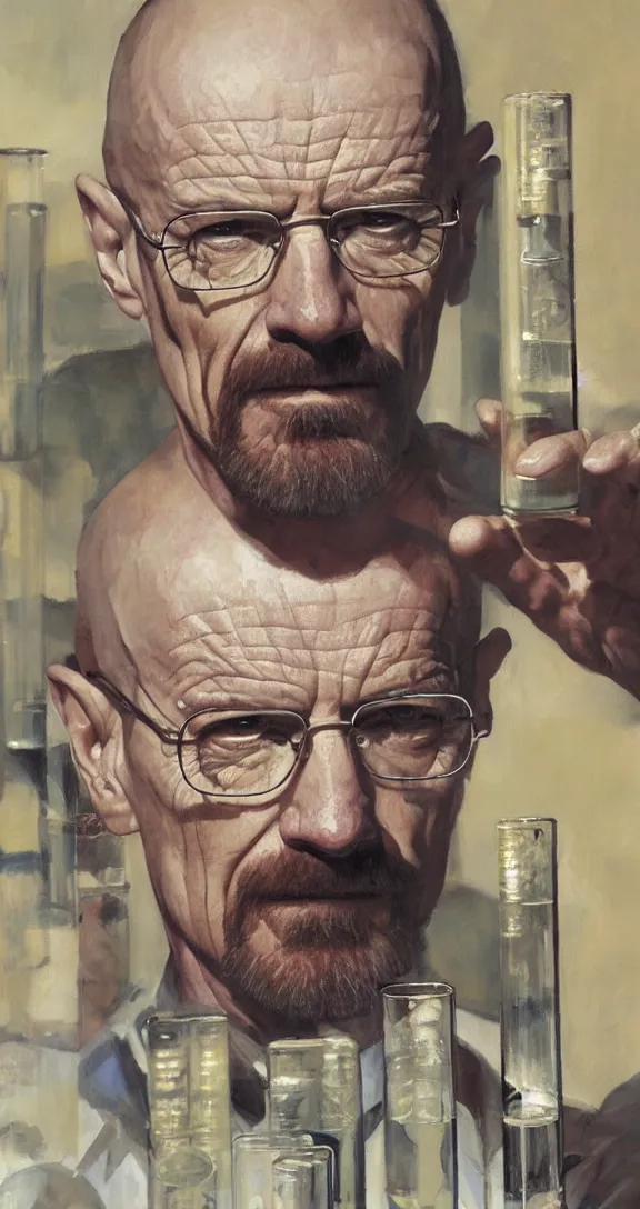 Image similar to a highly detailed beautiful portrait of walter white surrounded by test tubes, by gregory manchess, james gurney, james jean