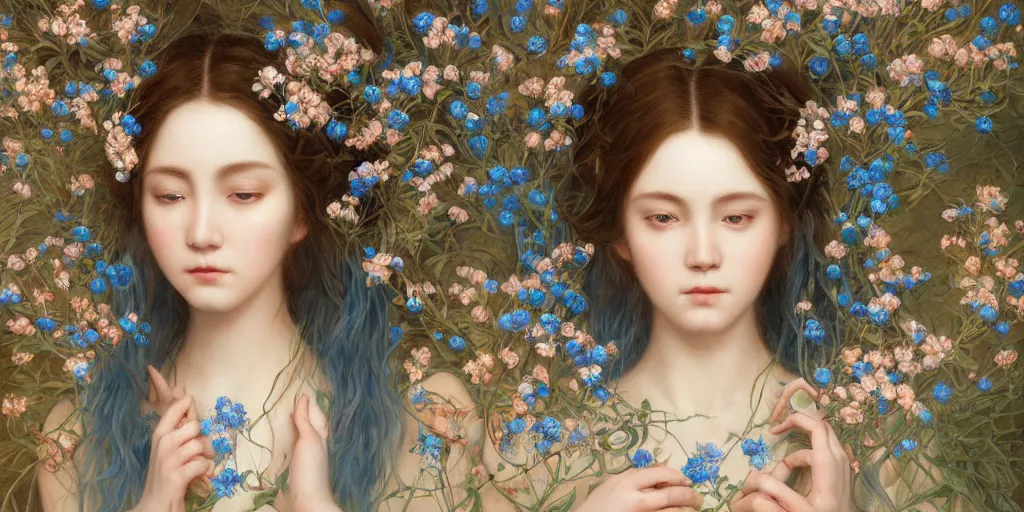 Image similar to breathtaking detailed concept art painting portrait of the goddess of nemophila flowers, orthodox saint, with anxious piercing eyes, ornate background, amalgamation of leaves and flowers, by hsiao - ron cheng, extremely moody lighting, 8 k