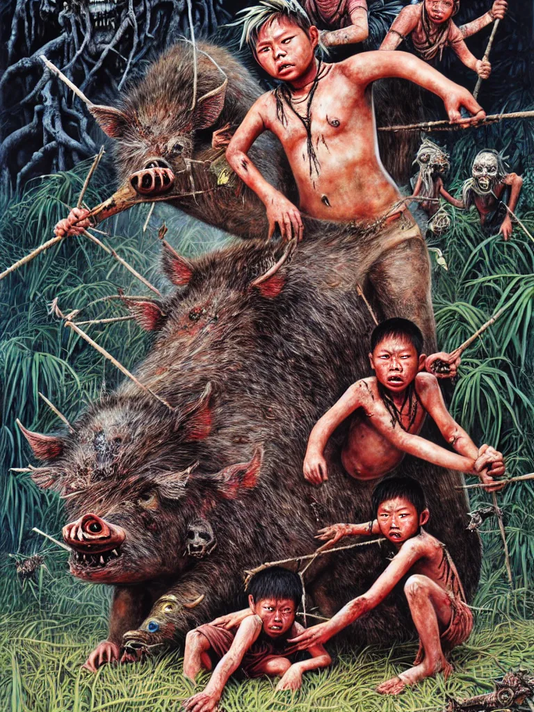 Image similar to realistic detailed image of Lord of the Flies. Dystopian horror of abandoned feral children on a tropical island and a dead giant boar, by Hou Yimin, Dan Howard, Allan Houser, Alice Hunt and Peter Hurd, Neo-Pagan, rich deep colors. Painting by Byun Shi Ji and Jiang Feng masterpiece