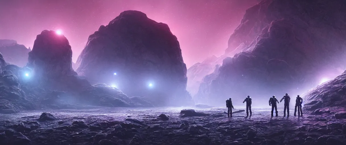 Prompt: a close up of astronauts investigate strange lifeforms close to a wild river on an alien planet, mountains, rivers, small pink foggy and gloomy, blue lights, bokeh background, highly detailed science fiction illustration by jeremy geddes. photorealistic, octane render, hyper detailed, 8 k, movie still, artstation, unreal engine