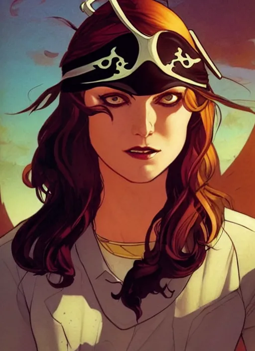 Prompt: Rafeal Albuquerque comic art, Joshua Middleton comic art, pretty female Phoebe Tonkin pirate eye patch over left eye, evil smile, full body, pirate clothing, long wavy brown hair:: sunny weather::