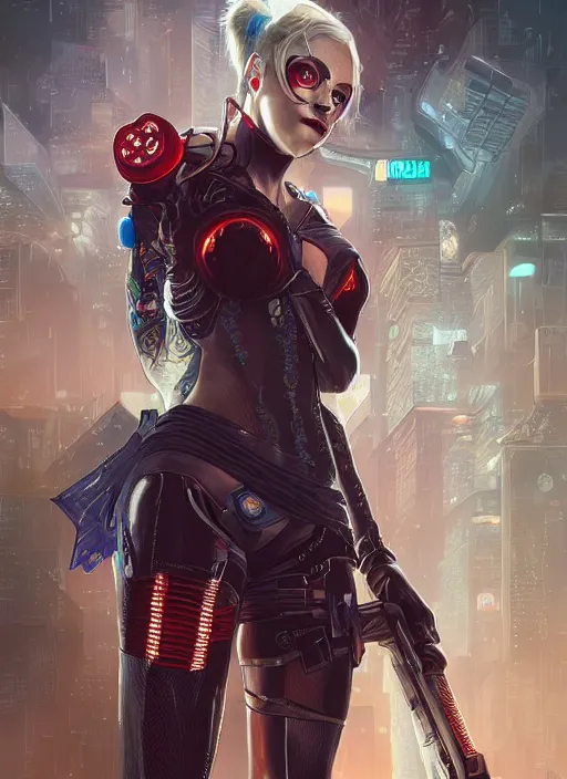 Prompt: a beautiful illustration of cyberpunk harley quinn with pointy ears, intricate, sharp focus, illustration, highly detailed, digital painting, concept art, matte, art by wlop and artgerm and greg rutkowski and alphonse mucha, masterpiece