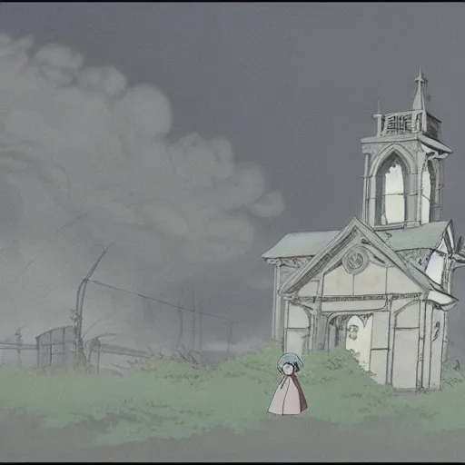 Image similar to ghost of a young girl, a burnt out church, wisps of smoke, photorealism, cel shaded, studio ghibli, hayao miyazaki