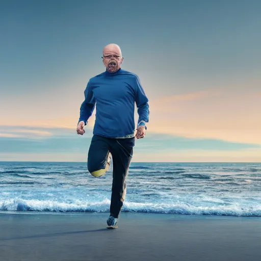 Image similar to Walter White running on the beach, artistic, 8k, cinematic, accurate, symetric, face, dramatic lighting, pastel colours