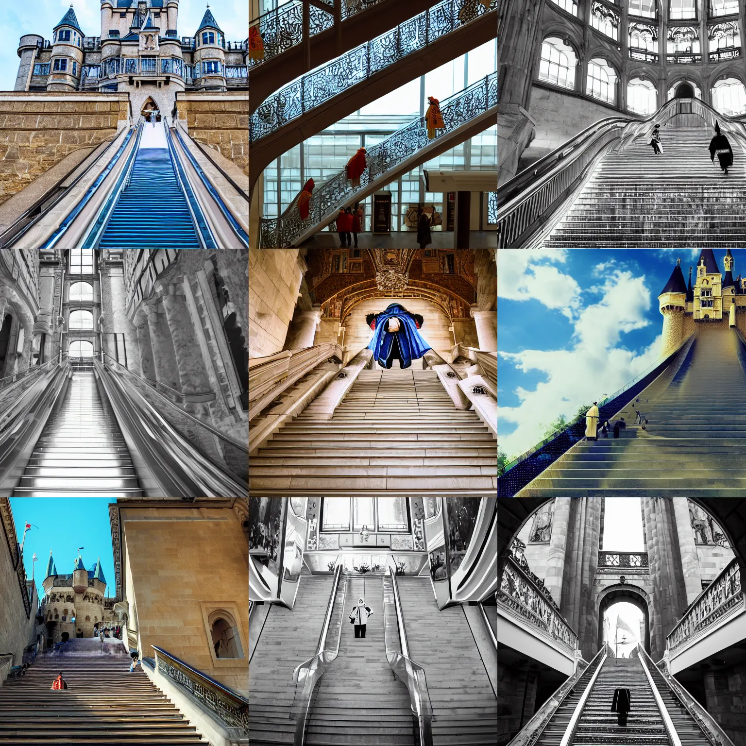 Prompt: Wide angle view of a king in regal robes coming down an escalator (moving staircase) to the castle courtyard, late morning, blue sky, fluffy white clouds, anachronistic fantasy, digital art, trending on artstation, 4k