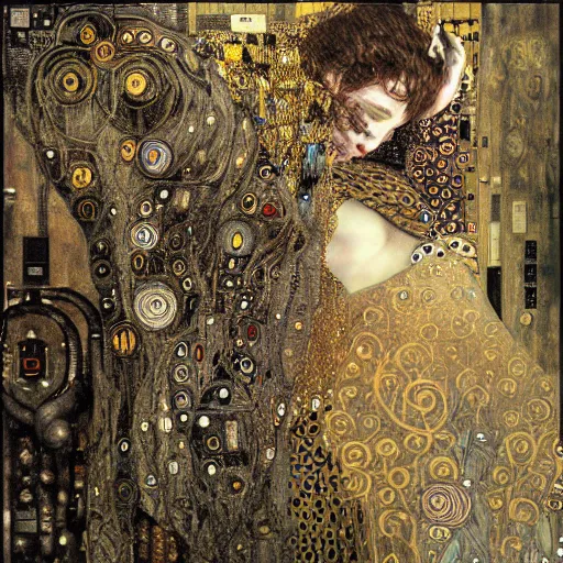 Image similar to cybernetic vampire sleeping in circuits, intricate detail, klimt, royo, whealan,