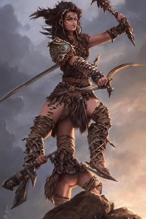 Prompt: Female barbarian, heavy brown metallic armor, swords, gorgeous and beautiful, light brown messy hair, dark skin, brown eyes, detailed face, battle stance, high fantasy, extremely detailed, alone, on a rock, DND, D&D, matte painting, by wlop and peter mohrbacher