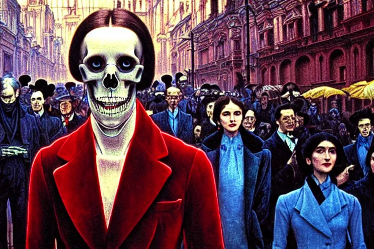 Prompt: realistic detailed photorealistic film closeup portrait shot of a single skeleton wearing crimson velvet blazer in a crowded futuristic moscow street by Denis Villeneuve, Amano, Yves Tanguy, Alphonse Mucha, Ernst Haeckel, Andrei Tarkovsky, Edward Robert Hughes, Roger Dean, rich moody colours, wide angle, blue eyes