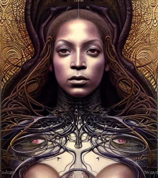 Image similar to detailed realistic beautiful young medieval alien robot beyonce face portrait by jean delville, gustave dore and marco mazzoni, art nouveau, symbolist, visionary, gothic, pre - raphaelite. horizontal symmetry by zdzisław beksinski, iris van herpen, raymond swanland and alphonse mucha. highly detailed, hyper - real, beautiful, fractal baroque