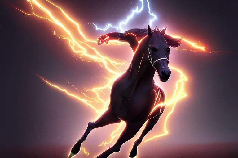 Image similar to a stunning digital painting of a horse as the flash in spandex costume, running in the speedforce by greg rutkowski, volumetric light, digital art, fine detail, photorealistic