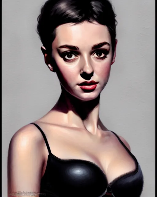 Prompt: aubrey hepburn with black bra portrait | | realistic shaded, unpleasant face, bad looking, fine details, realistic shaded lighting poster by greg rutkowski, magali villeneuve, artgerm, jeremy lipkin and michael garmash and rob rey