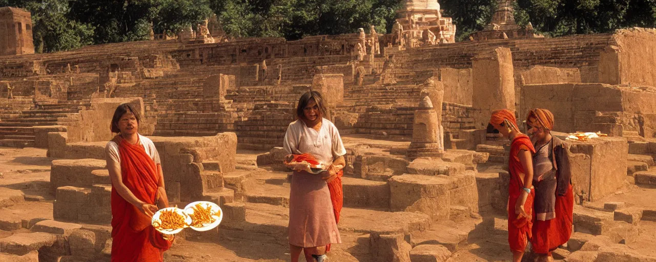 Image similar to offering spaghetti at sanchi stupa, ancient india, canon 5 0 mm, shallow depth of field, kodachrome film, in the style of galen rowell, retro