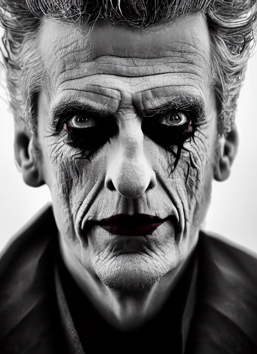 Prompt: photo of Peter Capaldi as the Joker by Lee Jeffries, head shot, detailed, award winning, Sony a7R