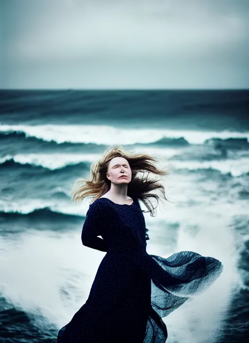 Image similar to cinestill 5 0 d half - length portrait photo portrait of a woman britt marling 3 / 4 style of nicholas fols, 1 5 0 mm, windy mood, dress in voile, mute dramatic colours, soft blur outdoor stormy sea background, volumetric lighting, hyper detailed, hyper realistic