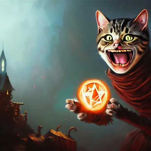 Prompt: Oil Painting of Cat Witch, Anthropomorphized, evil grin , magic the gathering artwork, horror, D&D, fantasy, cinematic lighting, centered, symmetrical, highly detailed, digital painting, artstation, concept art, smooth, sharp focus, illustration, volumetric lighting, epic Composition, 8k, art by Akihiko Yoshida and Greg Rutkowski and Craig Mullins, oil painting, cgsociety