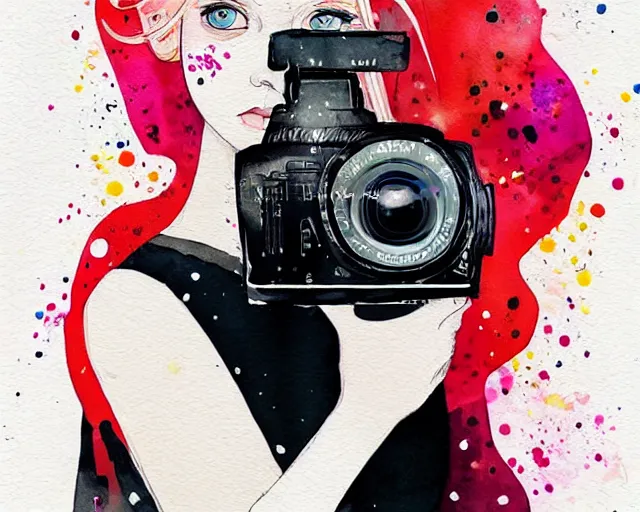 Image similar to pale young woman with bright blonde hair, freckles, bright eyes and a wide face, flowery dress, she is holding a professional dslr camera close to her face with one hand, dramatic lighting, bright flare, expressive, minimal watercolor art by conrad roset