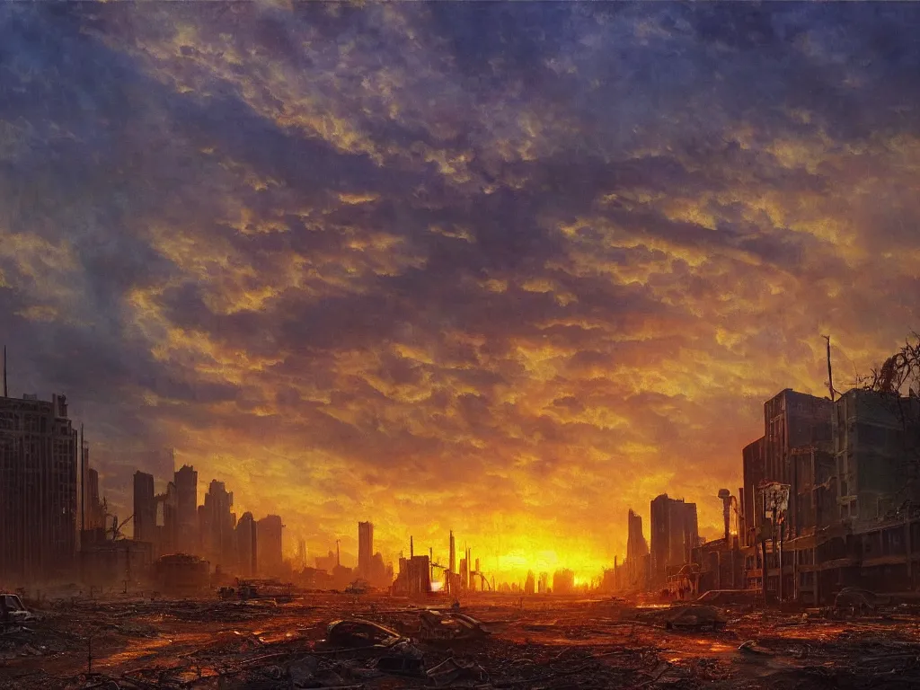 Prompt: a post apocalyptic chicago after a nuclear war, beautiful radioactive sunset lighting, beautiful painting, fallout video game, painted by albert bierstadt