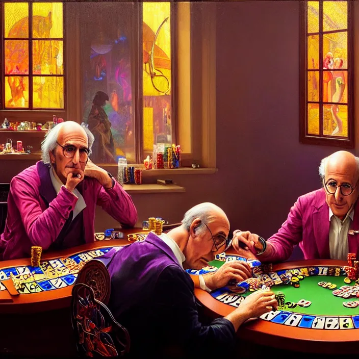 Prompt: bright psychedelic portrait of larry david playing poker, diffuse lighting, fantasy, intricate, elegant, highly detailed, lifelike, photorealistic, digital painting, artstation, illustration, concept art, smooth, sharp focus, art by John Collier and Albert Aublet and Krenz Cushart and Artem Demura and Alphonse Mucha