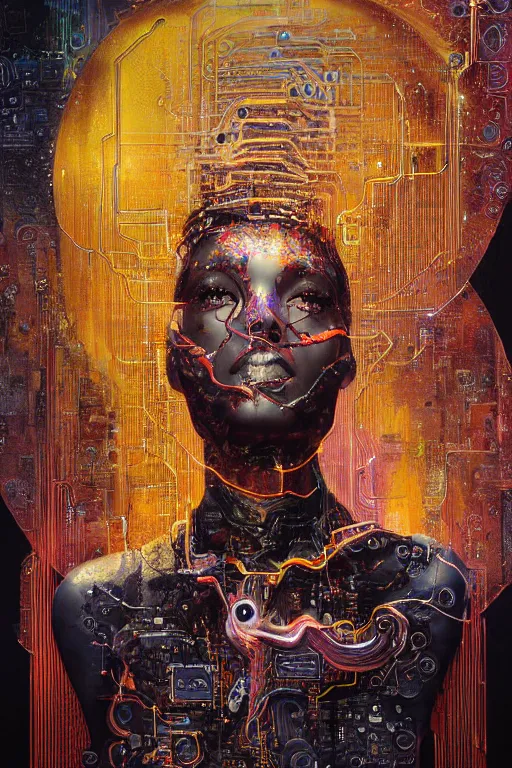 Prompt: portrait of computer & circuits, melting, gems and gold, 8 k, by tristan eaton, stanley artgermm, tom bagshaw, greg rutkowski, carne griffiths, ayami kojima, beksinski, giger, trending on deviantart, face enhance, hyper detailed, minimalist, cybernetic, android, blade runner, full of colour, super detailed