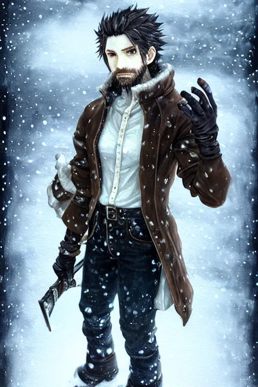 Prompt: man, stubble beard, brown messy hair, brown eyes, pale skin, black gloves!! and boots, white shirt blue jeans!! dark coat standing in snow an ultrafine detailed painting, detailed painting, detailed eyes!!, final fantasy octopath traveler lovecraft ghibly