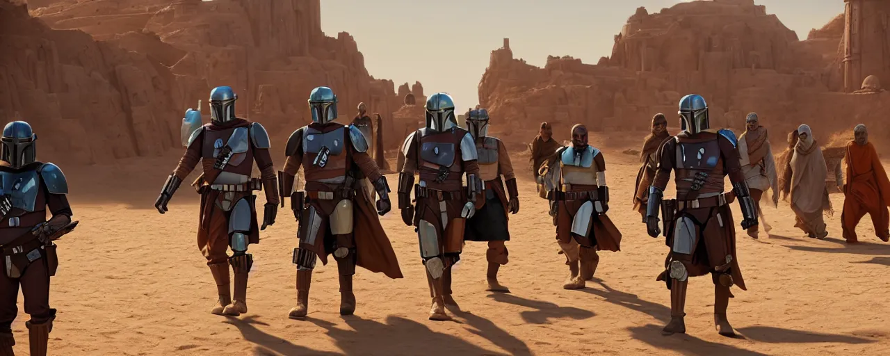 Image similar to the mandalorian walking in the village of tatooine, 8 k uhd, unreal engine, octane render in the artstyle of finnian macmanus, john park and greg rutkowski