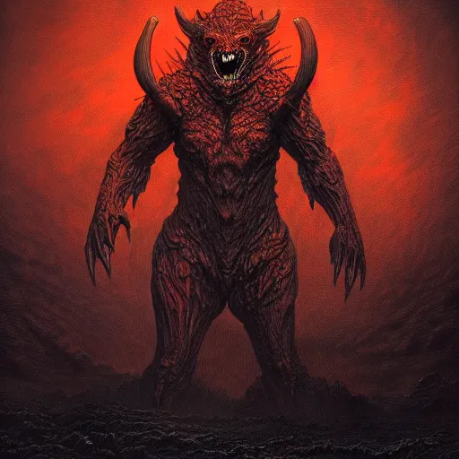 Image similar to Photorealistic demonic kaiju in the style of Michael Whelan and Gustave Dore. Hyperdetailed photorealism, 108 megapixels, amazing depth, glowing rich colors, powerful imagery, psychedelic Overtones, 3D finalrender, 3d shading, cinematic lighting, artstation concept art